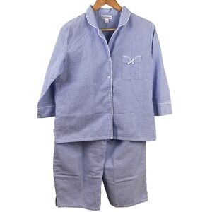 Miss Elaine Blue Seersucker Long Sleeve Button Pajamas Set Size Medium Woman's